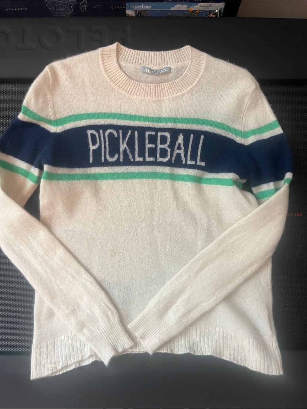 Alashan cashmere Pickleball Crewneck Sweater - Cream with Navy & Green Stripes